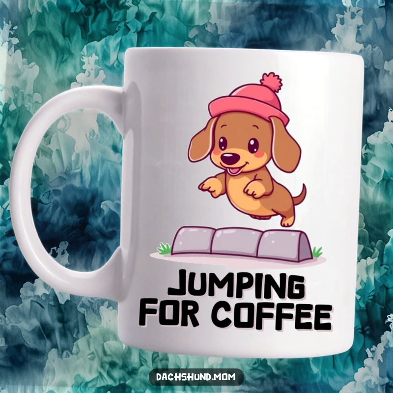 Funny kawaii dachshund wearing a silly hat, jumping over an obstacle with a joyful expression on a mug.