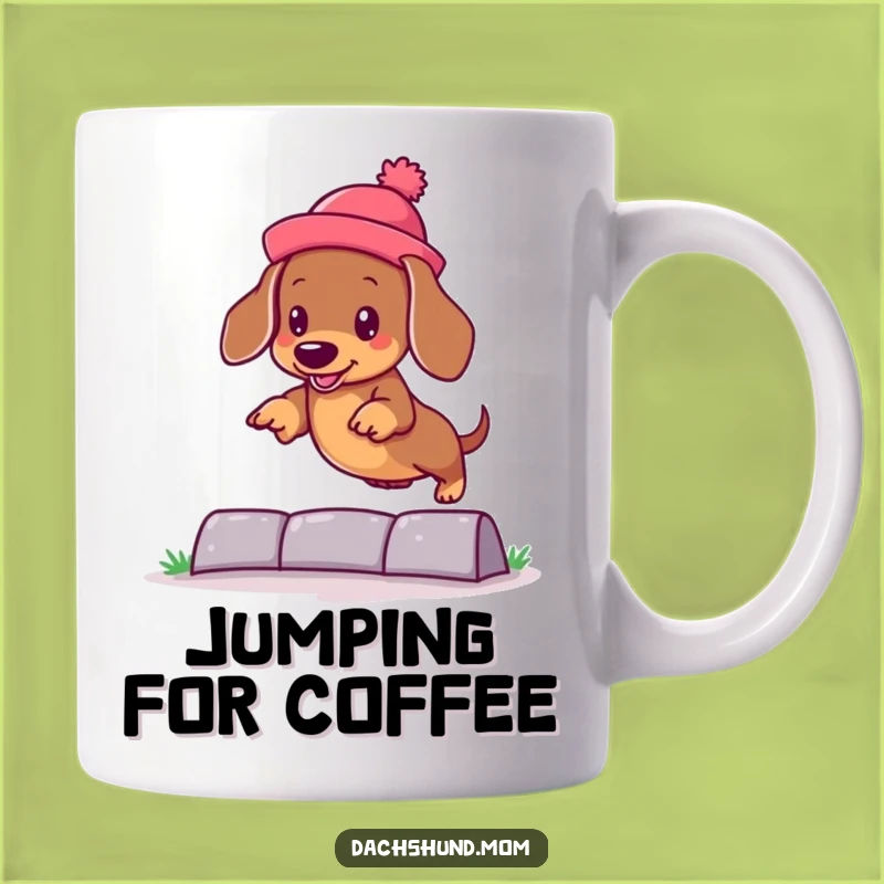 Funny Kawaii Dachshund Hat Jump Mug: Silly Dog Lover's Humorous Gift