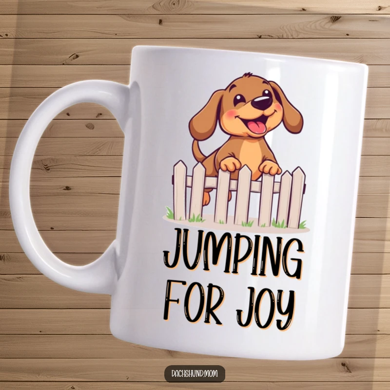 Funny Kawaii Dachshund Mug showing a joyful pup energetically leaping over a tiny miniature fence with excitement.