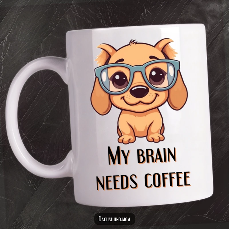 Funny Kawaii Dachshund Mug: A silly dog with oversized glasses and a goofy expression, ready to brighten your day.