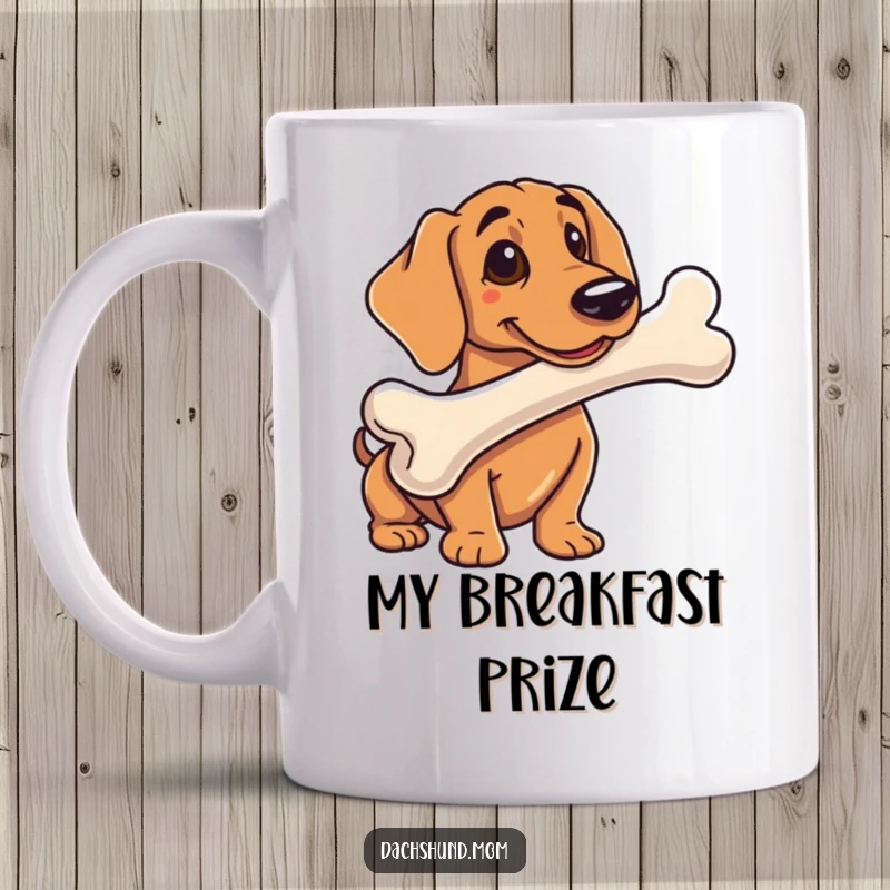 Funny mug shows a happy dachshunds with a huge bone, looking proud and satisfied with its massive prize.