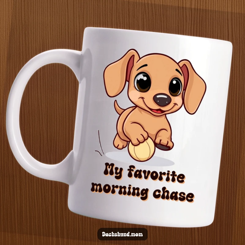 Funny kawaii dachshund mug, with oversized eyes, hilariously chasing a tiny ball with intense focus, a humorous gift for dog lovers.