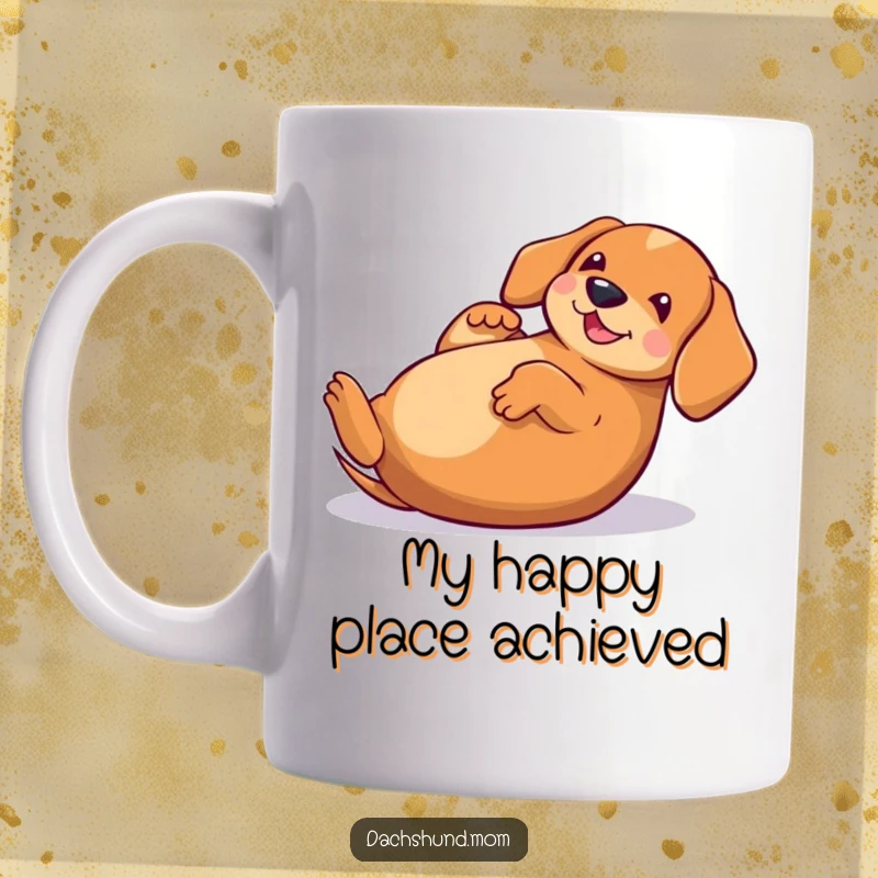 Funny Kawaii Dachshund Mug, a happy puppy rolling on its back with pure delight, perfect for dog lovers.