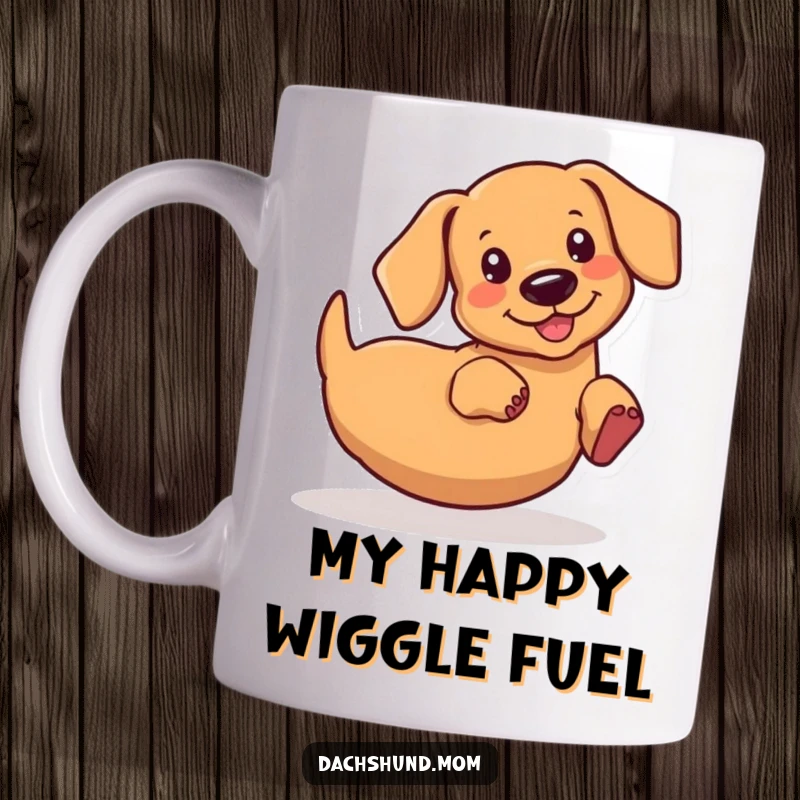 Funny kawaii dachshund mug, enthusiastically wiggling its cute rear end with a joyful expression, perfect for gifting.