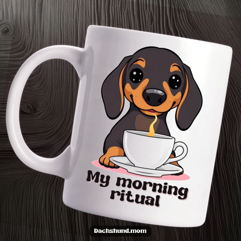 Funny Dachshund Mug: A cute wiener dog expertly balancing a teacup on its nose, radiating focused silliness.