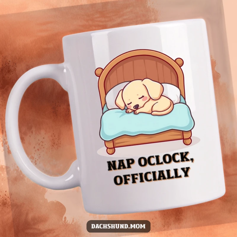 Funny Kawaii Dachshund Mug: A sleepy dog is hilariously cramped but content in a comically tiny bed, dreaming sweet dreams.