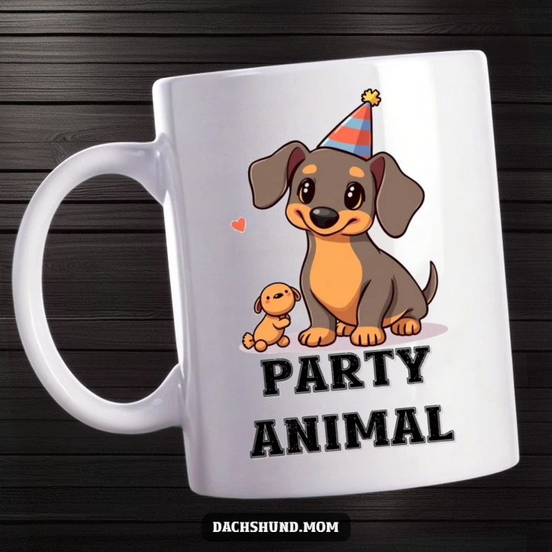 Funny Kawaii Dachshund Party Mug: a cute dachshund in a party hat juggling three squeaky toys, full of festive energy.