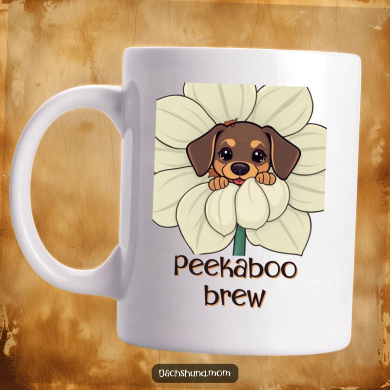 Funny kawaii dachshund mug with a tiny dog peeking curiously from behind a large, colorful flower, adorable and humorous.