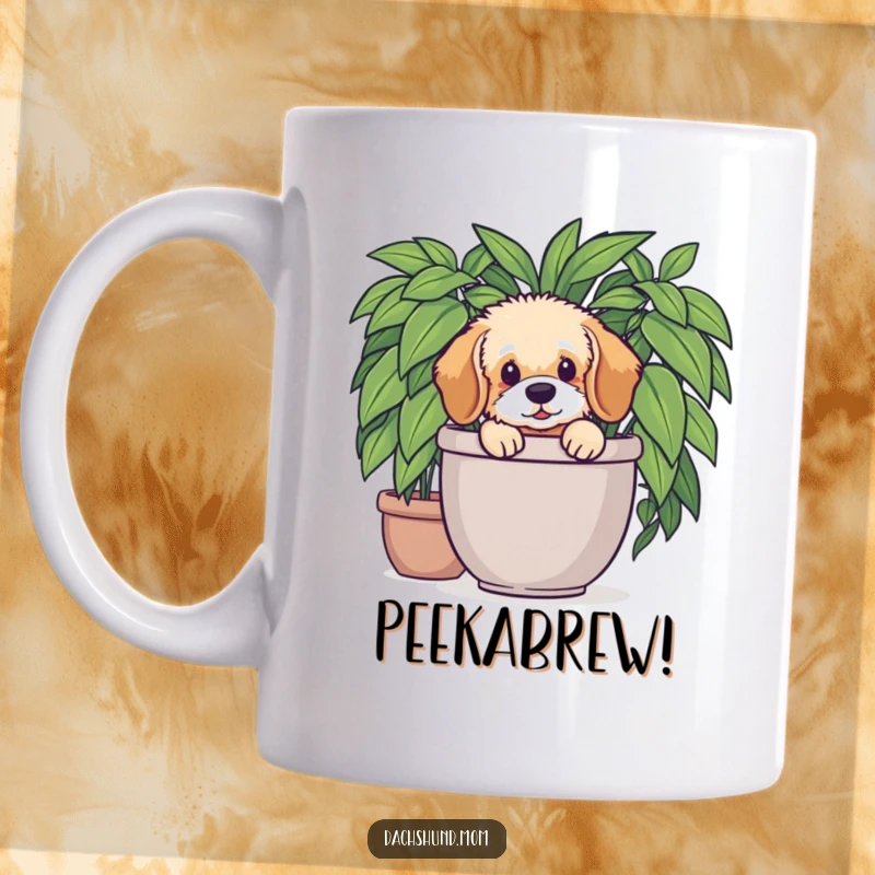 Funny Dachshund Plant Mug: A fluffy Dachshund puppy peeks playfully from a large potted plant. Adorable and humorous.
