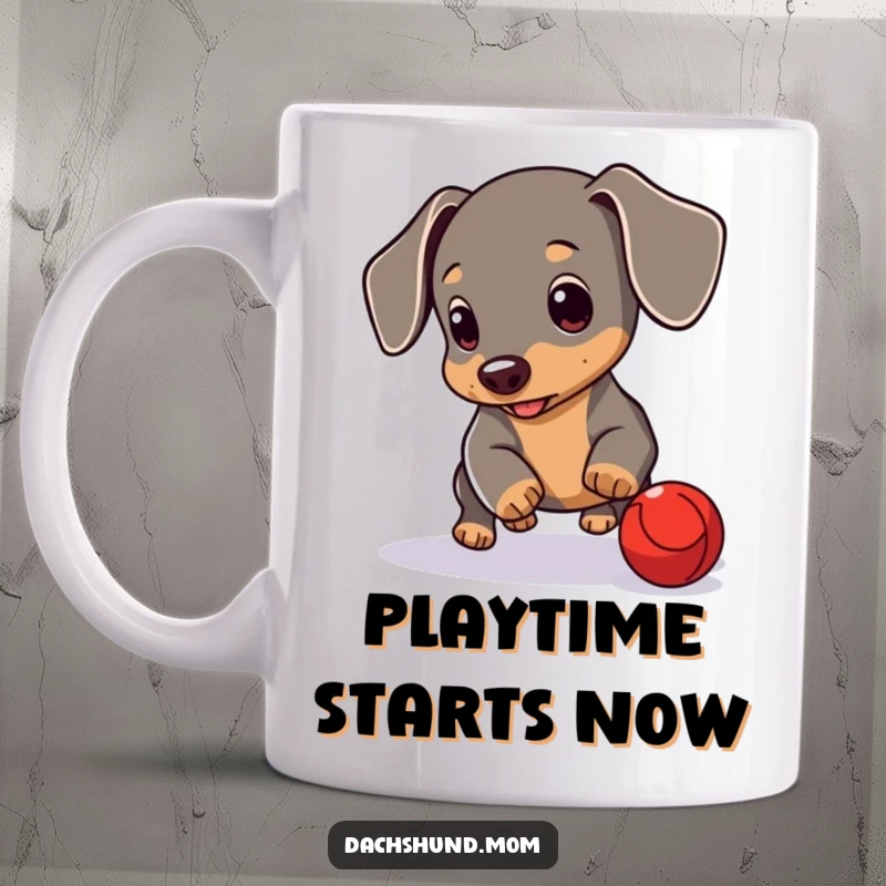 Funny Dachshund Cub Mug: A cute Dachshund puppy happily rolling a small red ball. Playful and humorous accessory.
