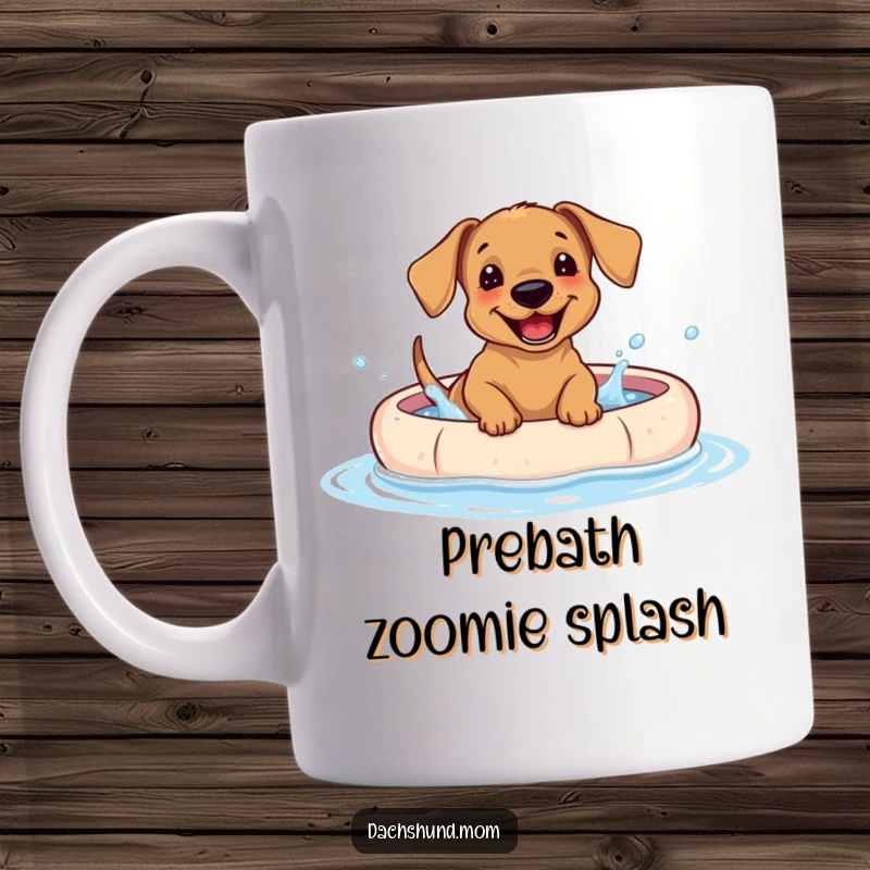 Funny Dachshund puppy mug with a giggling expression splashing joyfully in a blue kiddie pool.