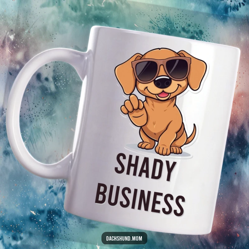 Funny Kawaii Dachshund Sunglasses Mug: a cool dachshund wearing oversized sunglasses, dramatically pointing forward with one paw, looking suave.