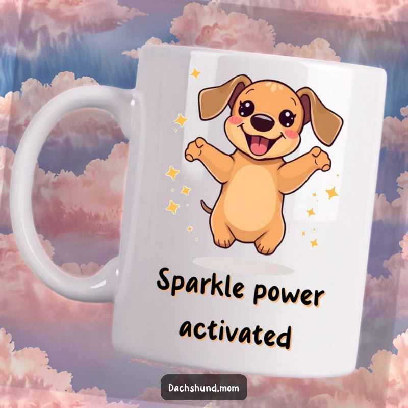 Funny Kawaii Dachshund Mug, depicting a dog jumping with pure delight amidst a shower of colorful sparkles, a joyful gift.