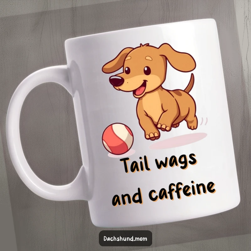 Funny Kawaii Dachshund Mug: Cute doxie wagging its tail, chasing a bouncing ball, a humorous and energetic design.