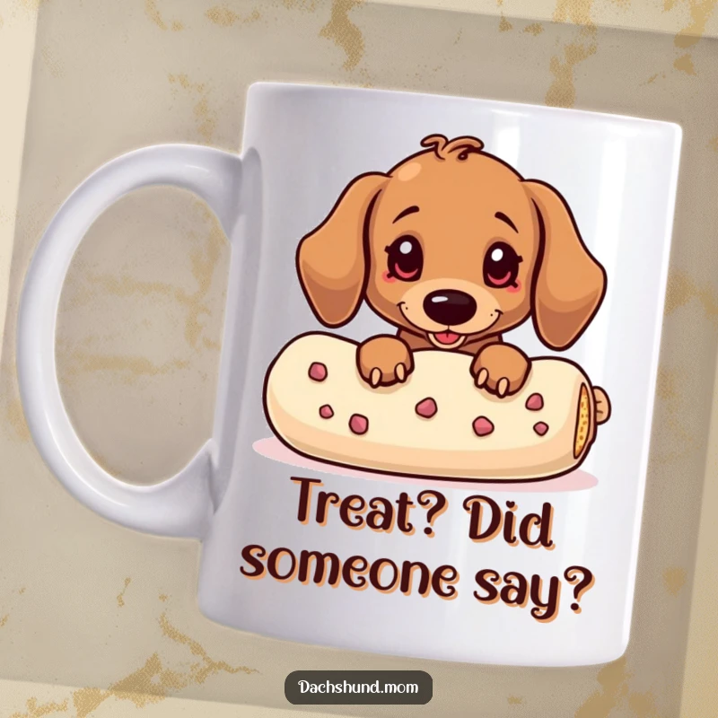 Funny Dachshund Mug: A cute kawaii dachshund peeking shyly from behind an oversized treat, eyes full of anticipation.