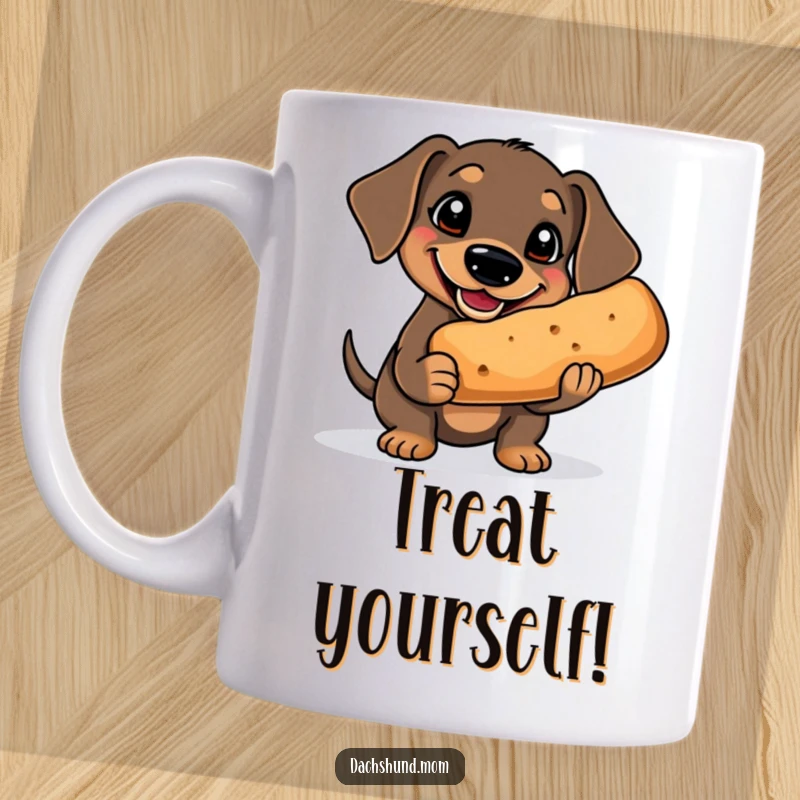 Funny Kawaii Dachshund Treat Mug: a dachshund with a goofy grin happily holding a comically large treat, exuding pure delight.