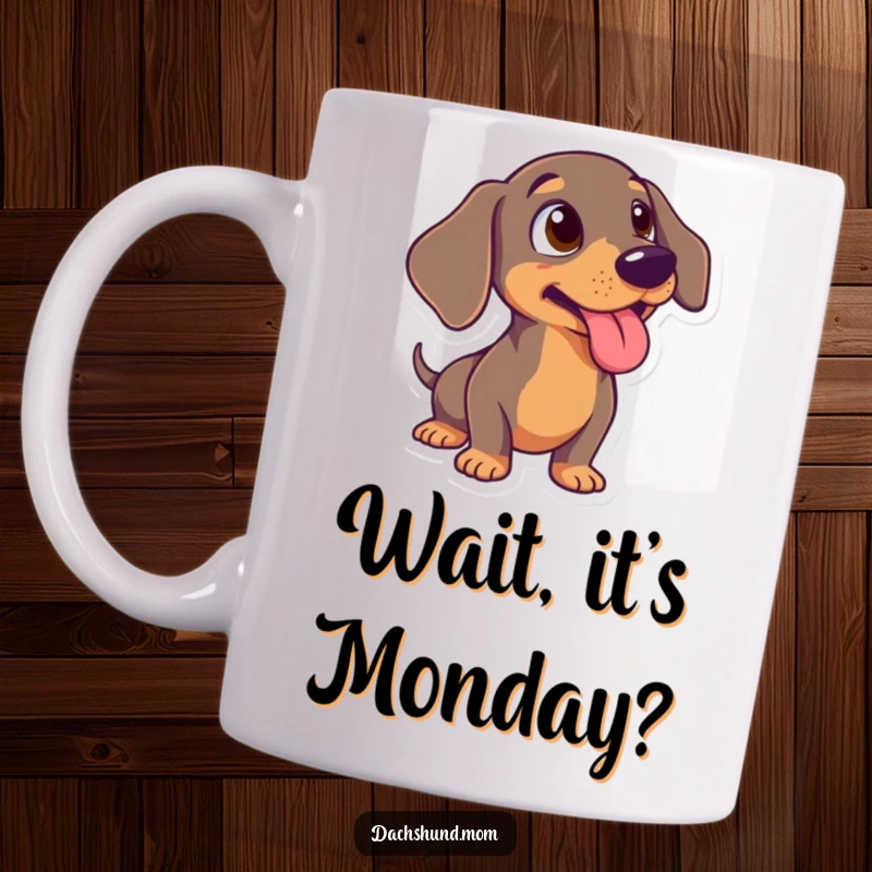 Funny Dachshund Mug: A wiener dog with wide eyes and its tongue playfully sticking out, caught in a moment of surprise.