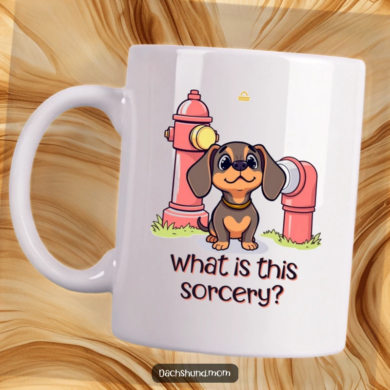 Funny Kawaii Dachshund Mug: A cute dog looks up with bewildered eyes at a comically oversized, towering fire hydrant.