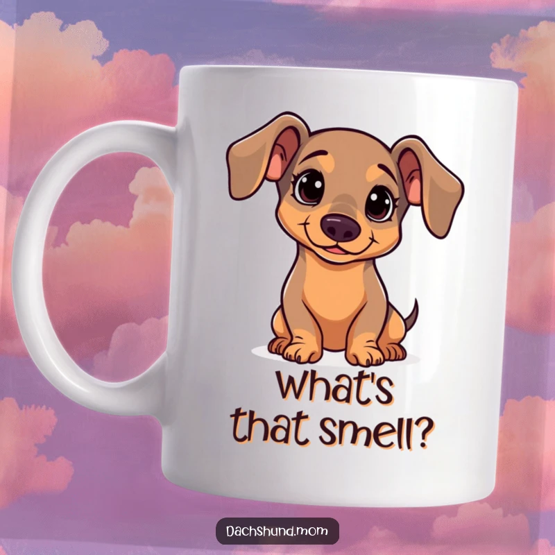Funny Dachshund Mug: A kawaii dachshund tilting its head sideways with a curious, questioning expression, full of adorable inquisitiveness.