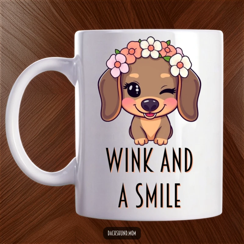 Funny Kawaii Dachshund Mug featuring a cute dog with a flower crown giving a playful wink, a charming and humorous gift.