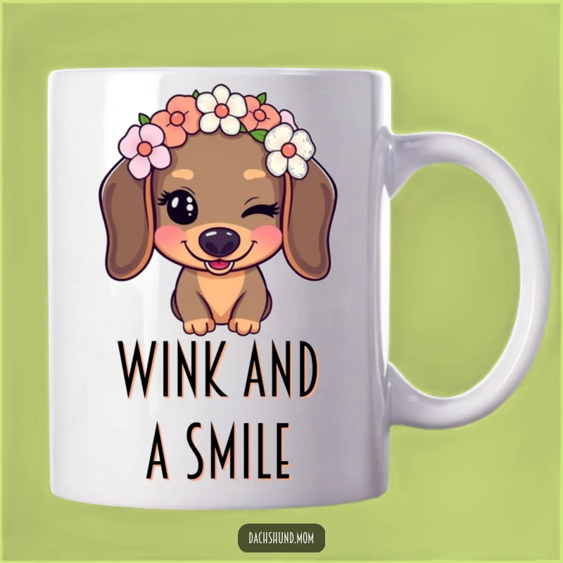 Funny Kawaii Dachshund Wink Mug: Flower Crown Charm Surprise Gift
