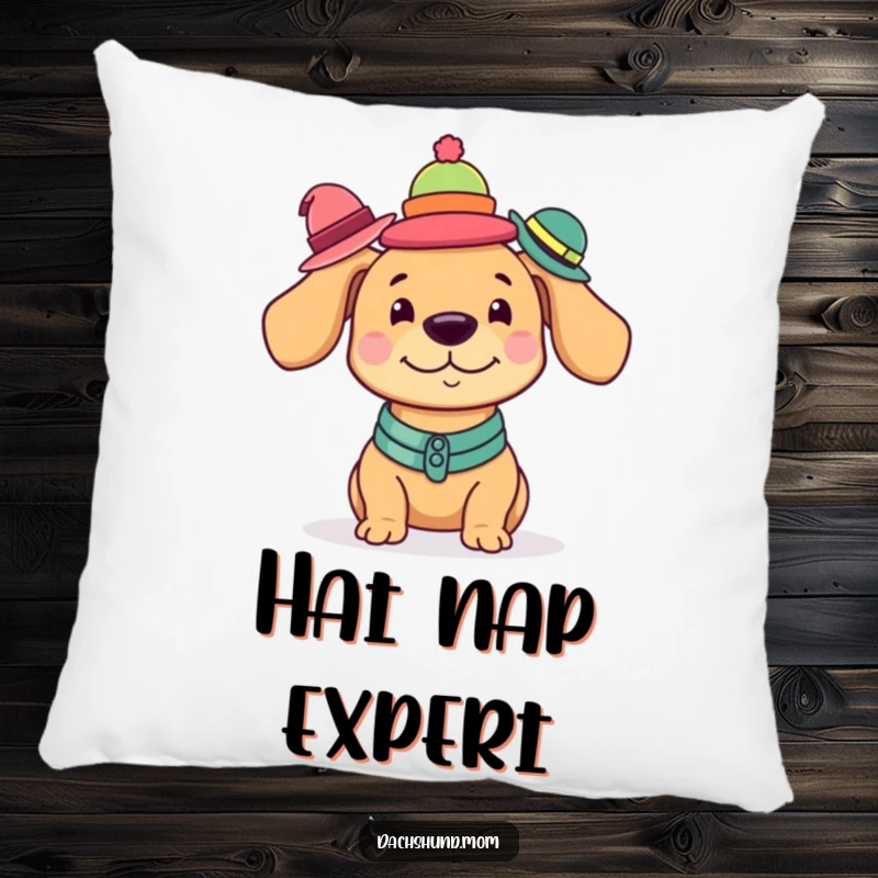 Funny Kawaii Dachshund Pillow featuring a charming dog balancing a comical stack of tiny hats with impressive skill.