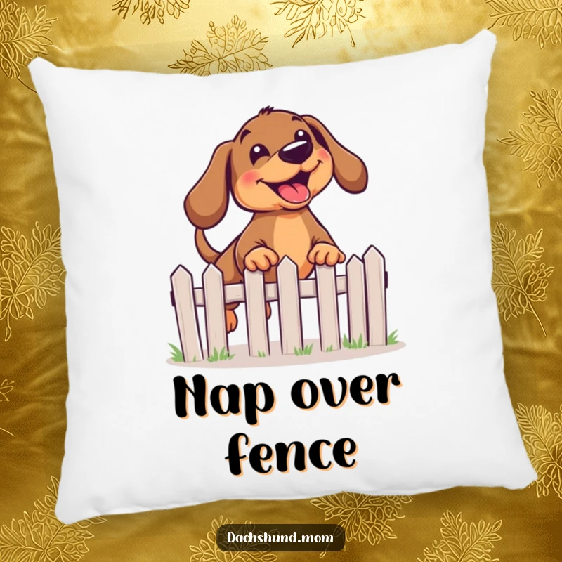 Funny Kawaii Dachshund Pillow featuring a dog with a joyful expression leaping over a miniature fence.