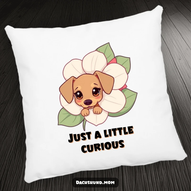Funny Kawaii dachshund pillow with a small dog's curious eyes peeking from behind a large flower, adding cute decor.