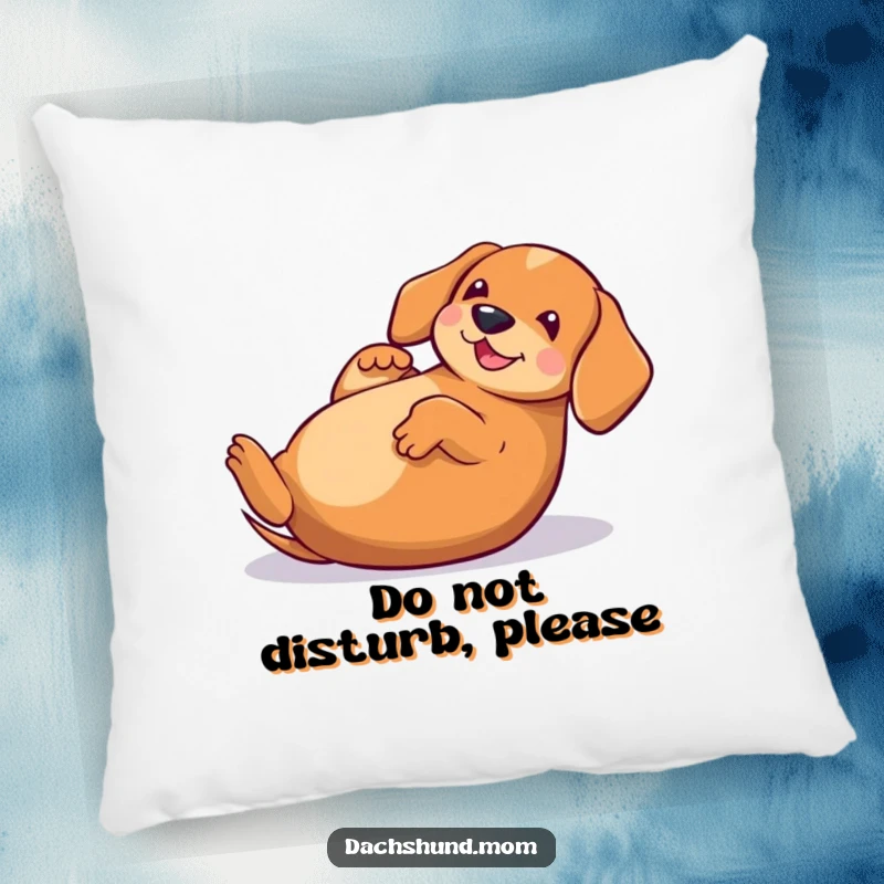 Funny Kawaii Dachshund Pillow, a plush cushion showcasing a happy dog rolling on its back, perfect for lounging.
