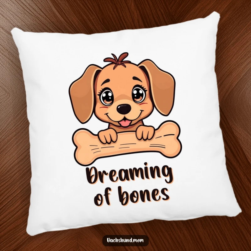 Funny Kawaii Dachshund Pillow featuring a dog with big, sparkling eyes peeking playfully from behind a giant bone.