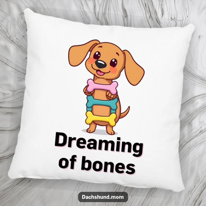 Funny kawaii dachshund pillow, skillfully balancing a small stack of colorful bones, soft and comfortable for a touch of humor, a perfect gift.