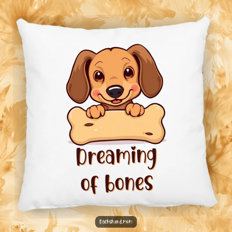Funny Kawaii Dachshund Pillow: a soft cushion featuring an excited dachshund with floppy ears peeking over a large bone, adding humor.