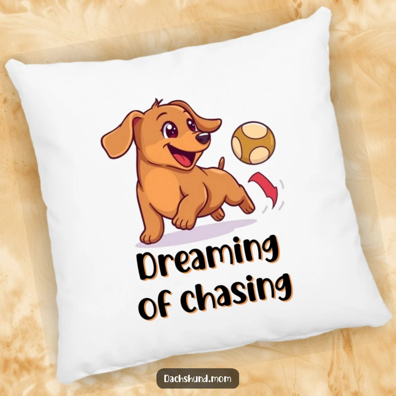 Funny pillow featuring a happy, small wiener dog enthusiastically chasing a bouncing ball, offering comfort and joy.