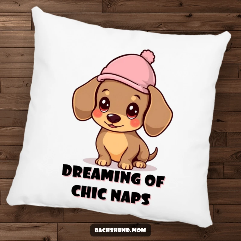 Funny Kawaii Dachshund Pillow, a soft cushion showcasing a dog wearing a hat, adding charm and humor.