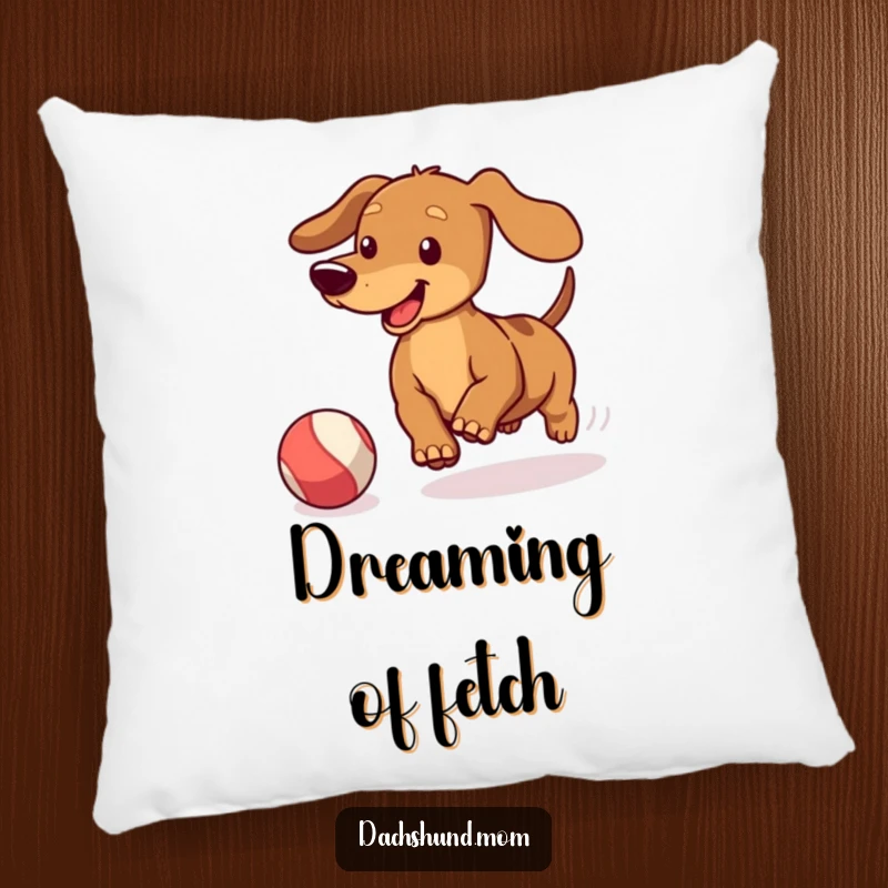 Funny Kawaii Dachshund Pillow: Cute doxie wagging its tail, chasing a bouncing ball, a soft and humorous decorative accent.