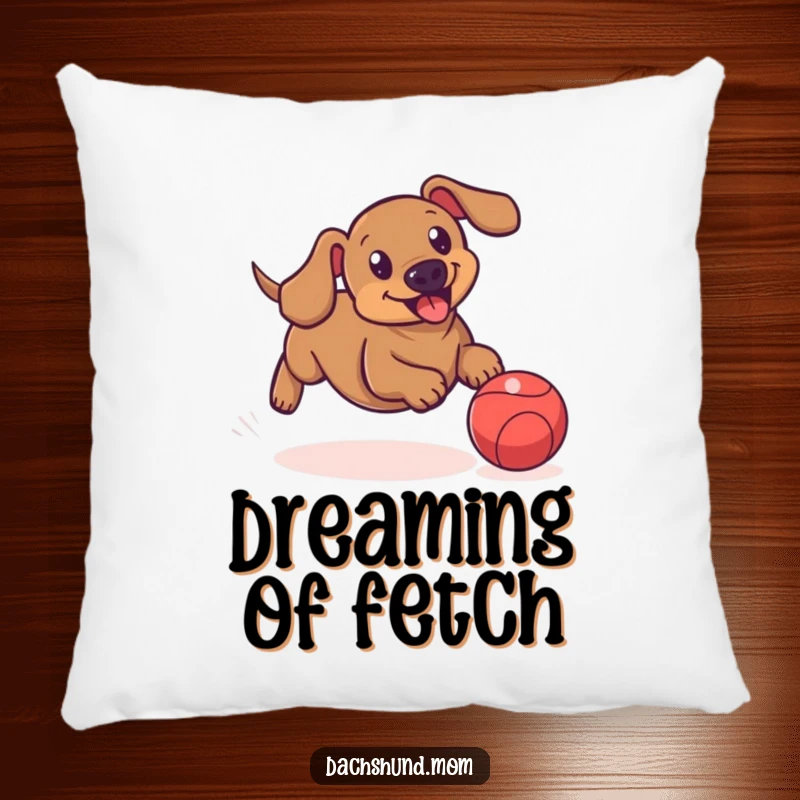 Funny decorative pillow featuring a dachshund playfully chasing a bouncing ball, adding a touch of action and humor.
