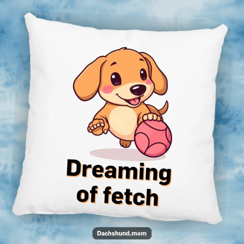 Funny Kawaii Dachshund Pillow featuring a rosy-cheeked doggy mid-chase after a spirited bouncing ball.
