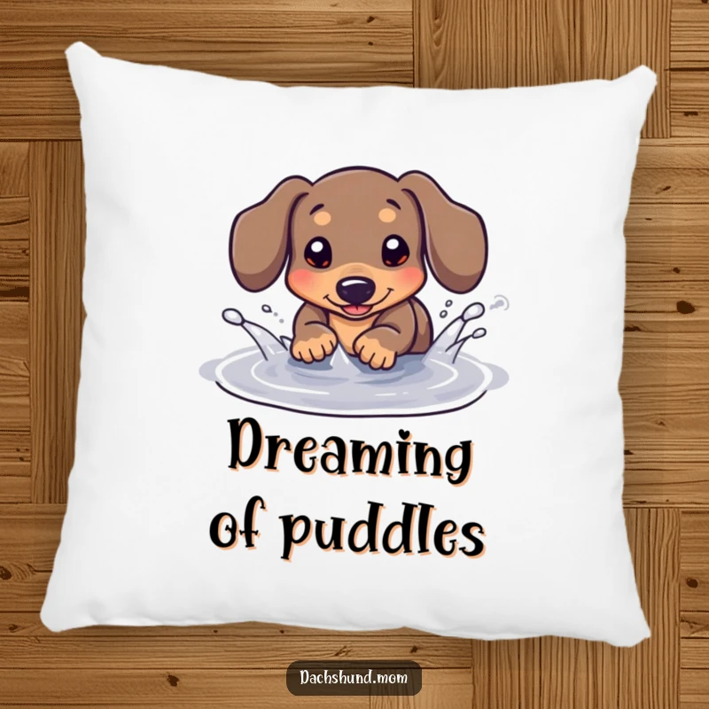 Funny Kawaii Dachshund Pillow: A soft pillow featuring a dachshund playfully splashing in a puddle, bringing comfort and cheer.
