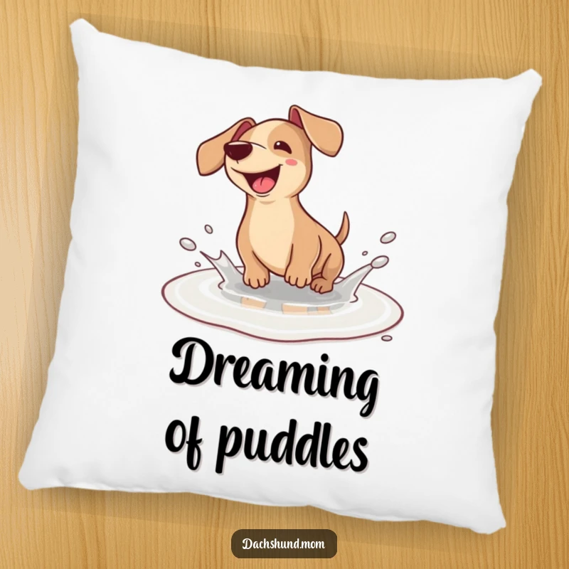 Funny Dachshund Pillow: A heartwarming kawaii dachshund joyfully splashing in a small puddle, bringing smiles and comfort.