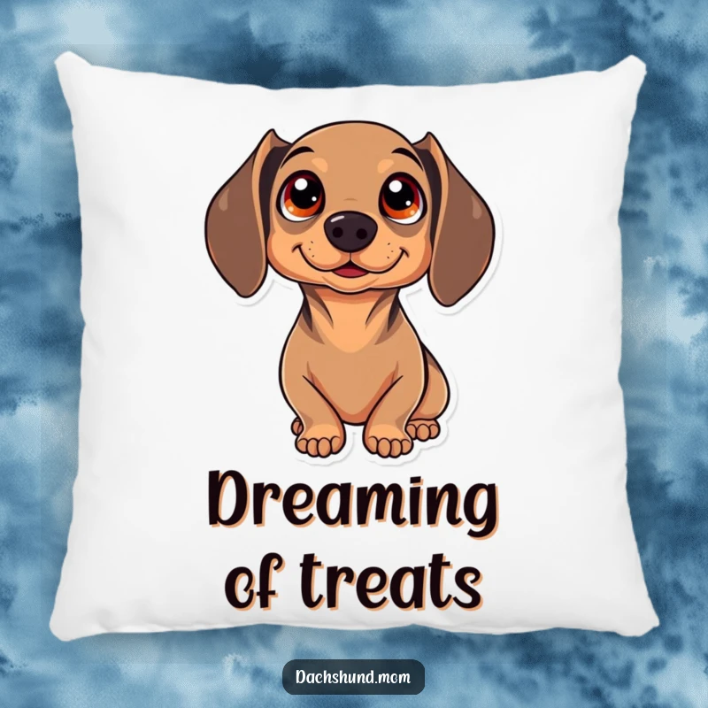 Funny Kawaii Dachshund Pillow, displaying a dog with huge sparkling eyes looking up in absolute wonder, a cozy gift.