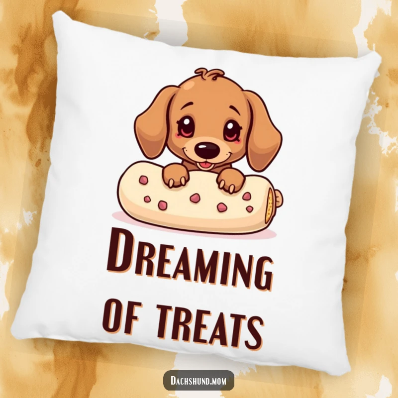 Funny Dachshund Pillow: A cute kawaii dachshund peeking from behind a large treat, evoking humor and warmth.