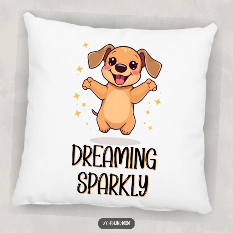 Funny Kawaii Dachshund Pillow showing a dog jumping with pure delight, enveloped in shimmering sparkles, a cozy gift.