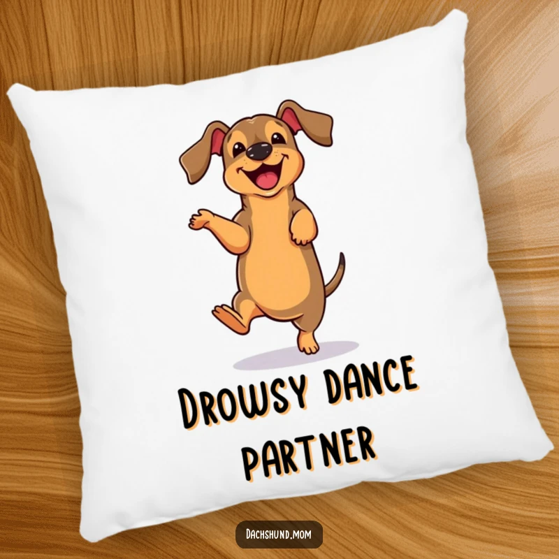 Funny cute dachshund pillow featuring a dog doing a clumsy dance move, providing comfort and a humorous decorative touch.