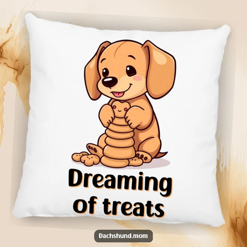 Funny Dachshund Biscuits Pillow: Dachshund cub balancing dog biscuits. Soft and humorous decorative pillow.