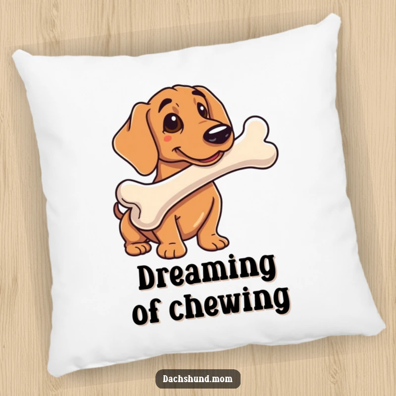 Funny decorative pillow featuring a dachshunds with a comically large bone, adding humor and comfort to any space.