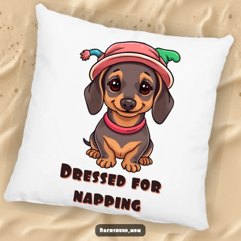 Funny Dachshund Pillow: A decorative pillow featuring a wiener dog wearing an assortment of silly, colorful hats.