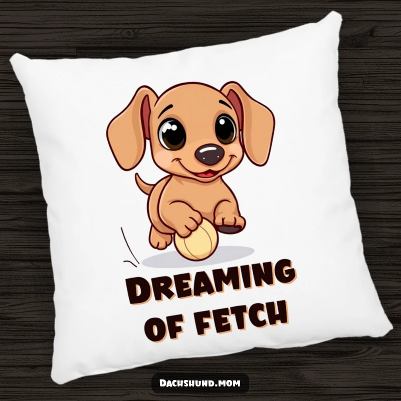 Funny kawaii dachshund pillow, with big eyes, focused on chasing a tiny ball, soft and comfortable for a touch of humor, a perfect gift.