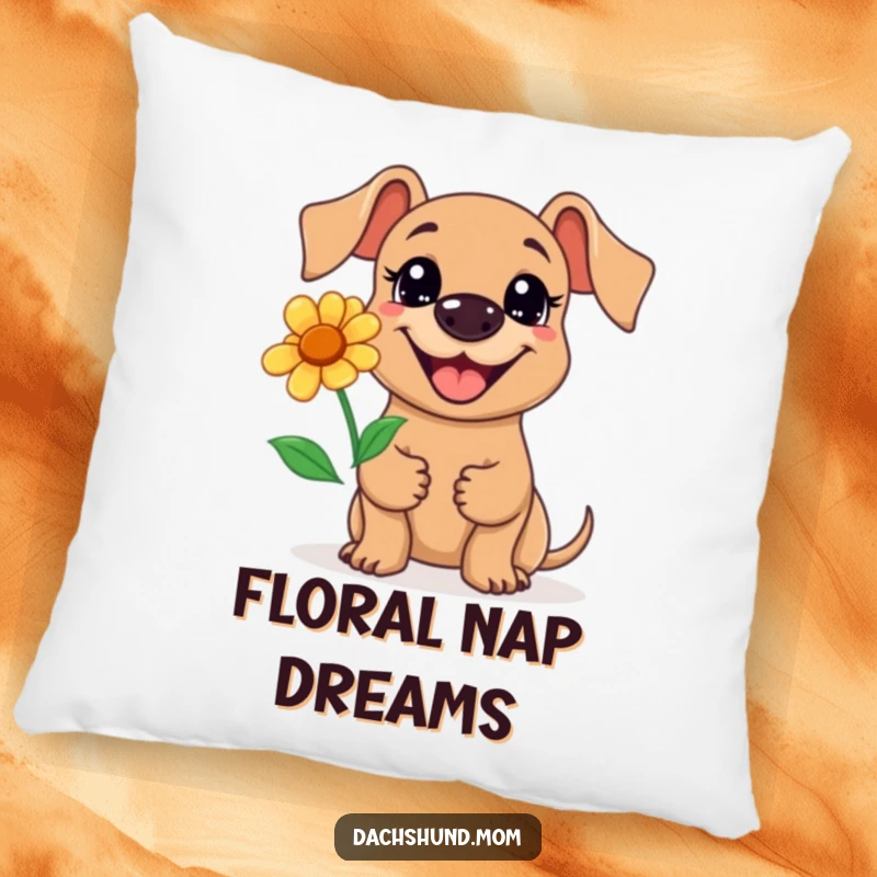 Funny Kawaii Dachshund Flower Pillow: A cute dachshund with a big grin holds a flower, soft and decorative, cute gift.