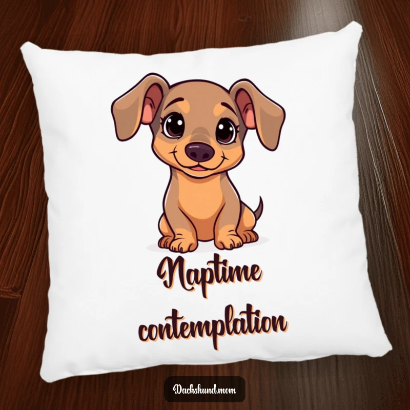 Funny Dachshund Pillow: A cute kawaii dachshund tilting its head with an endearing, curious expression, perfect for cozy comfort.