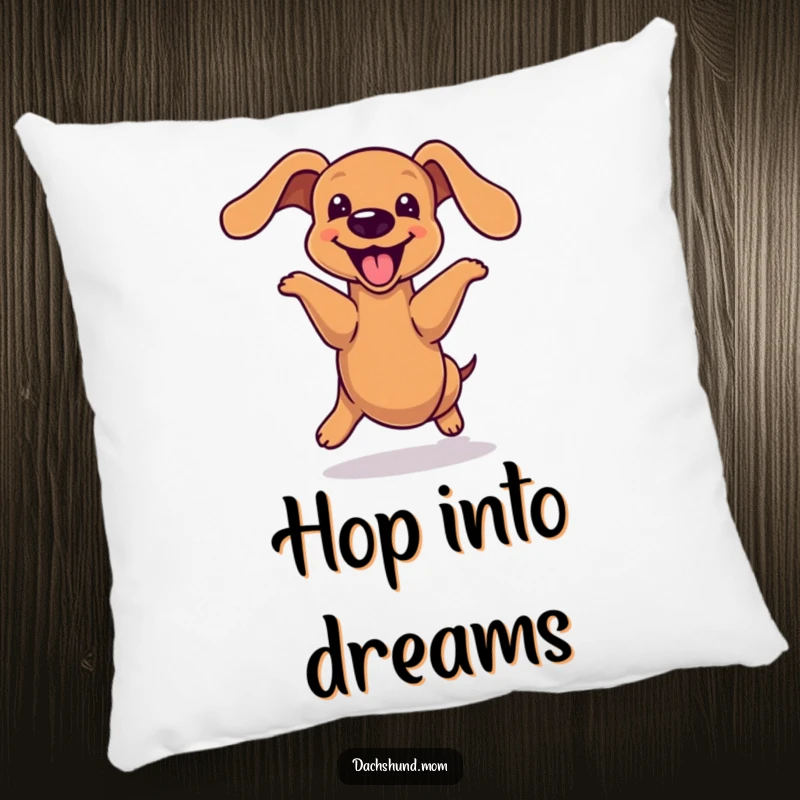 Funny kawaii dachshund pillow, doing a joyful hop with its long body, conveying pure excitement, soft and comfortable for a touch of humor, a perfect gift.